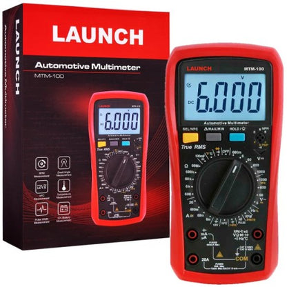 Launch MTM-100 multímetro automotriz digital con caja incluida. Herramienta profesional para diagnóstico eléctrico en sistemas de 12V y 24V con medición de voltaje, corriente, resistencia, frecuencia y temperatura.