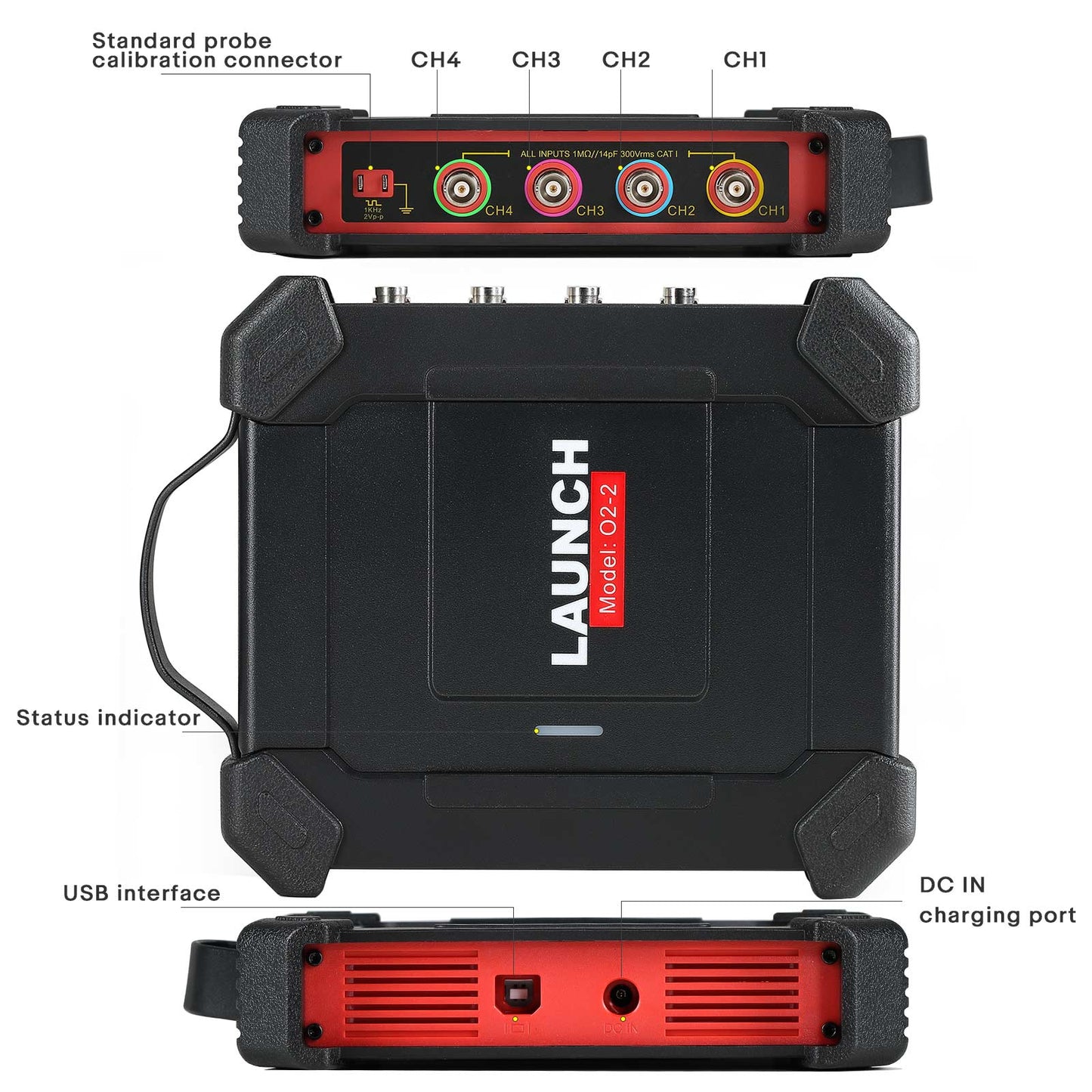 Conectores del LAUNCH Scopebox O2-2: entradas BNC CH1–CH4, conector de calibración de sonda, interfaz USB y puerto de alimentación DC IN
