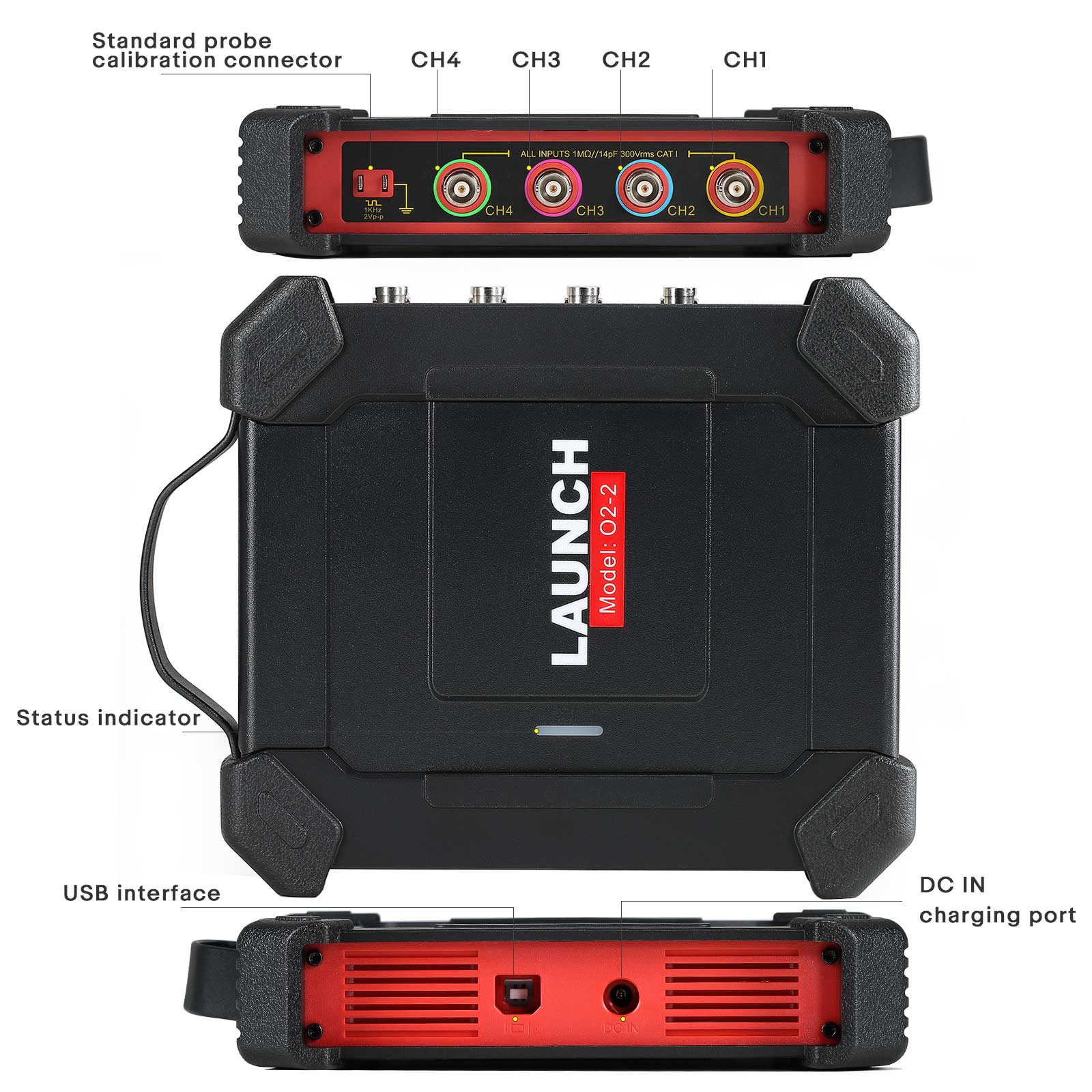 Conectores del LAUNCH Scopebox O2-2: entradas BNC CH1–CH4, conector de calibración de sonda, interfaz USB y puerto de alimentación DC IN