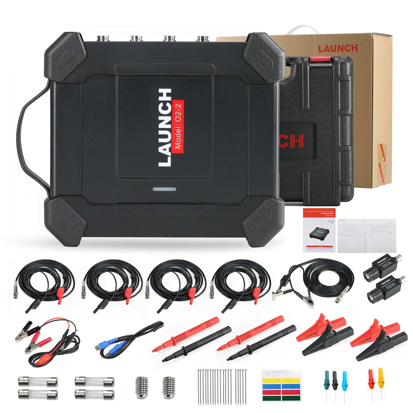 Contenido del paquete LAUNCH Scopebox O2-2: módulo osciloscopio 4 canales 100 MHz, cables BNC, puntas de prueba, pinzas, adaptadores y manuales