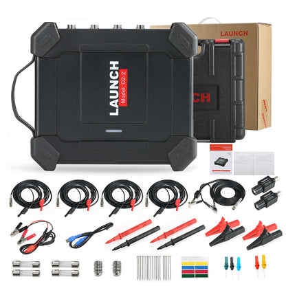 Contenido del paquete LAUNCH Scopebox O2-2: módulo osciloscopio 4 canales 100 MHz, cables BNC, puntas de prueba, pinzas, adaptadores y manuales