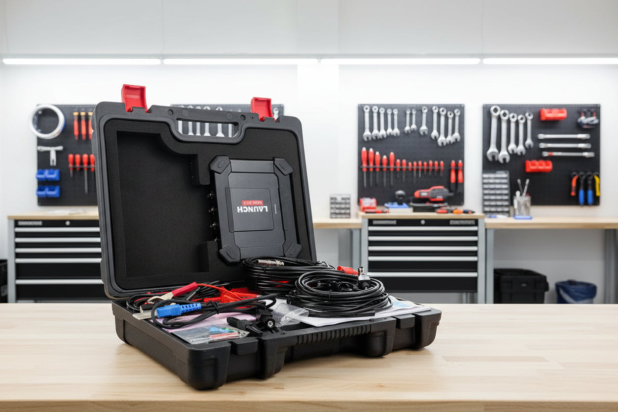Maleta del LAUNCH Scopebox O2-2 en taller con módulo y accesorios sobre mesa; osciloscopio automotriz 4 canales 100 MHz para diagnóstico eléctrico y captura de forma de onda