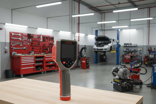 Cámara termográfica LAUNCH TIT-202 en taller para diagnóstico por infrarrojo; inspección térmica de frenos, motor, escape y componentes eléctricos con evidencia visual