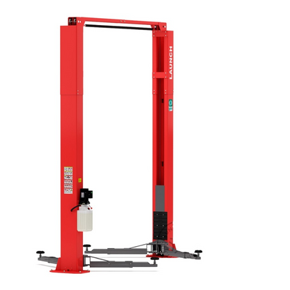 Launch TLT240 SCN elevador electrohidráulico de 2 postes con travesaño superior clear-floor, capacidad de 4 toneladas. Certificación CE, seguridad activa y diseño robusto para talleres profesionales.