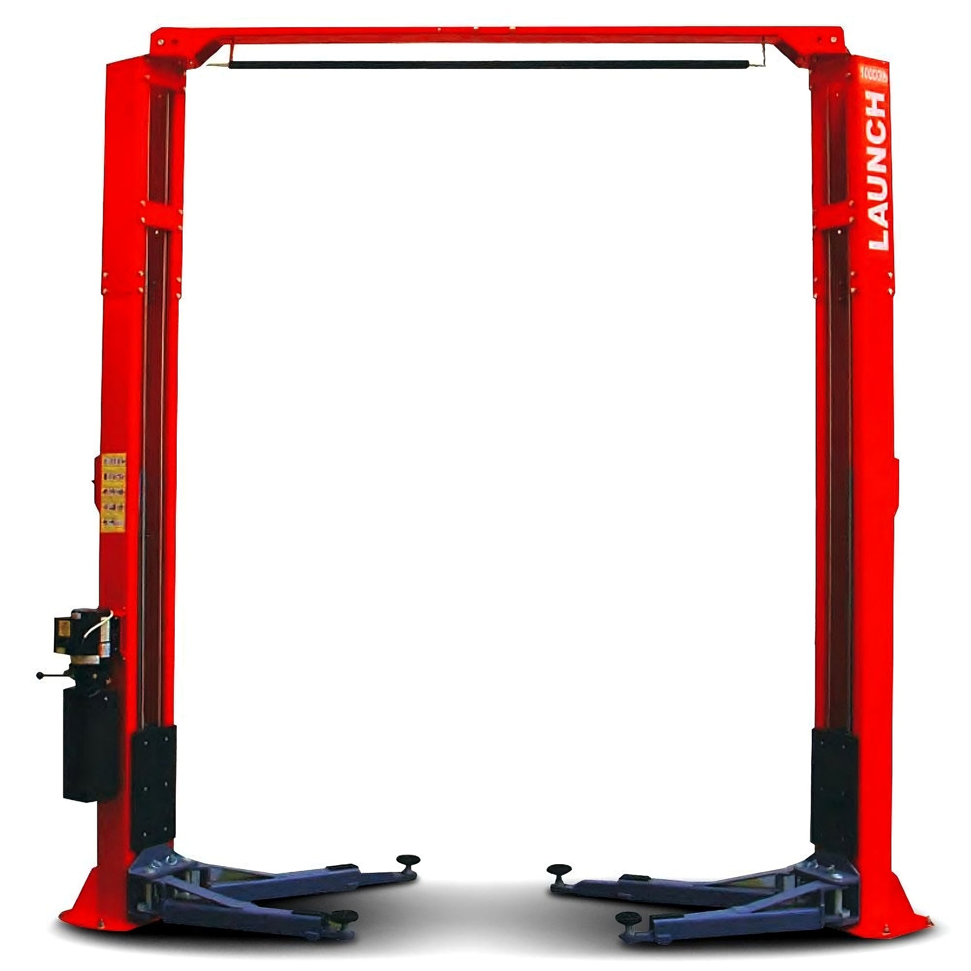 Elevador de 2 postes Launch TLT245AT rojo, capacidad 10,000 lb, brazos asimétricos y travesaño superior para autos, SUVs y pickups.