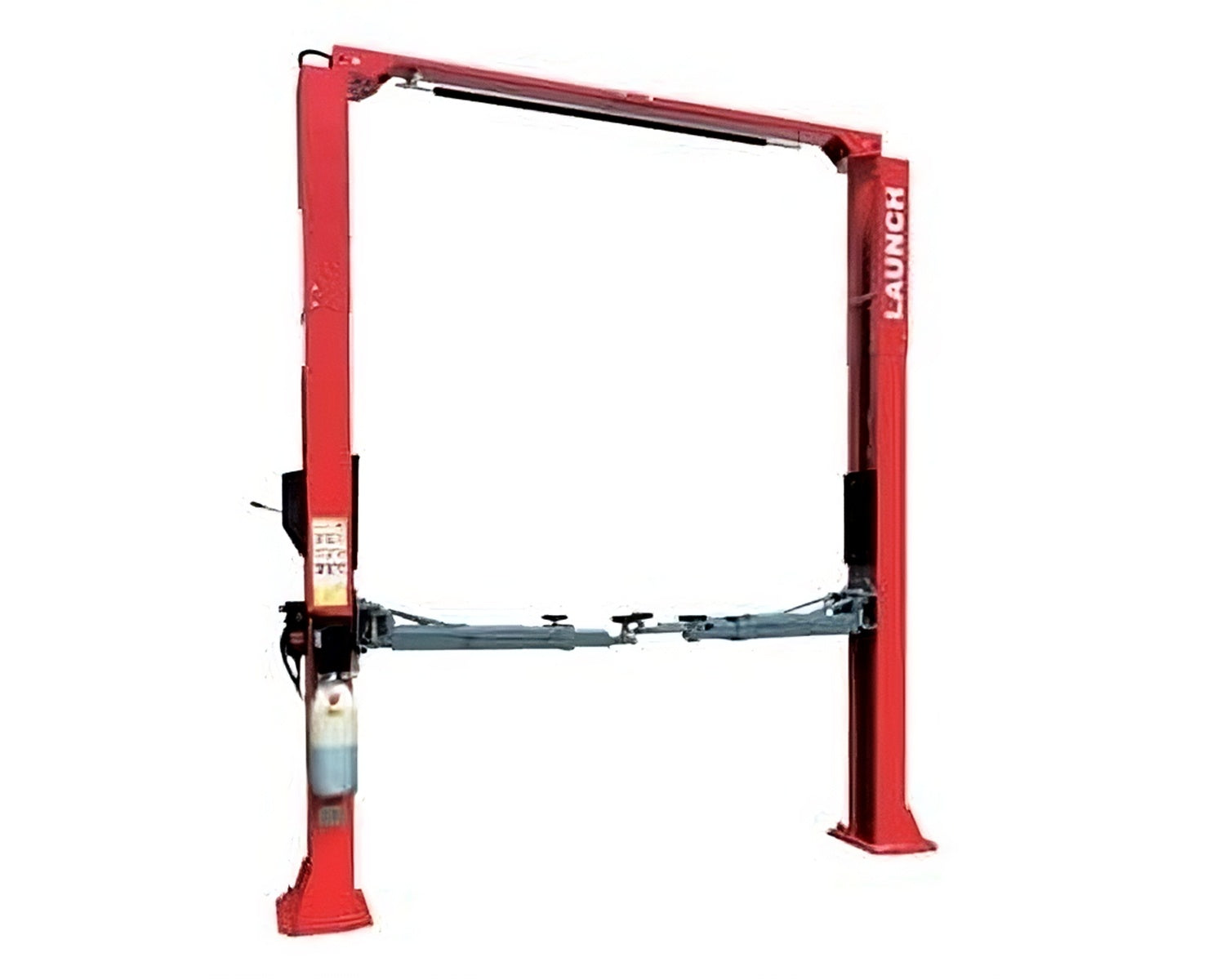 Elevador de 2 postes Launch TLT245AT con brazos asimétricos, doble cilindro hidráulico y sistema de sincronización por cable de acero.