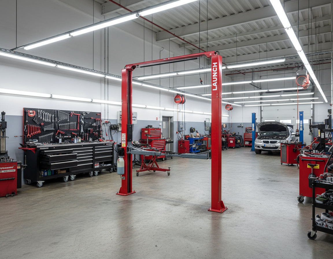 Elevador hidráulico Launch TLT245AT instalado en taller automotriz, diseño asimétrico con bloqueo automático y travesaño superior para servicio general.