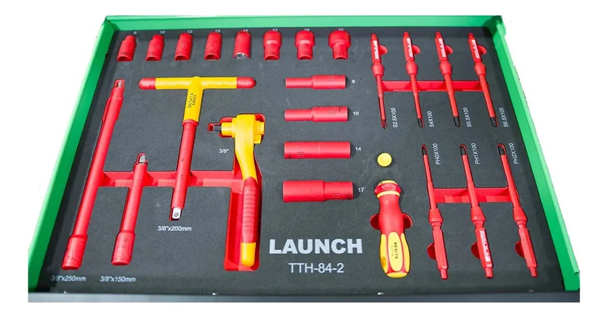 Capa 2 del kit LAUNCH TTH-84 con dados aislados, extensiones y matraca para mantenimiento EV y trabajo de alto voltaje con certificación VDE IEC 60900