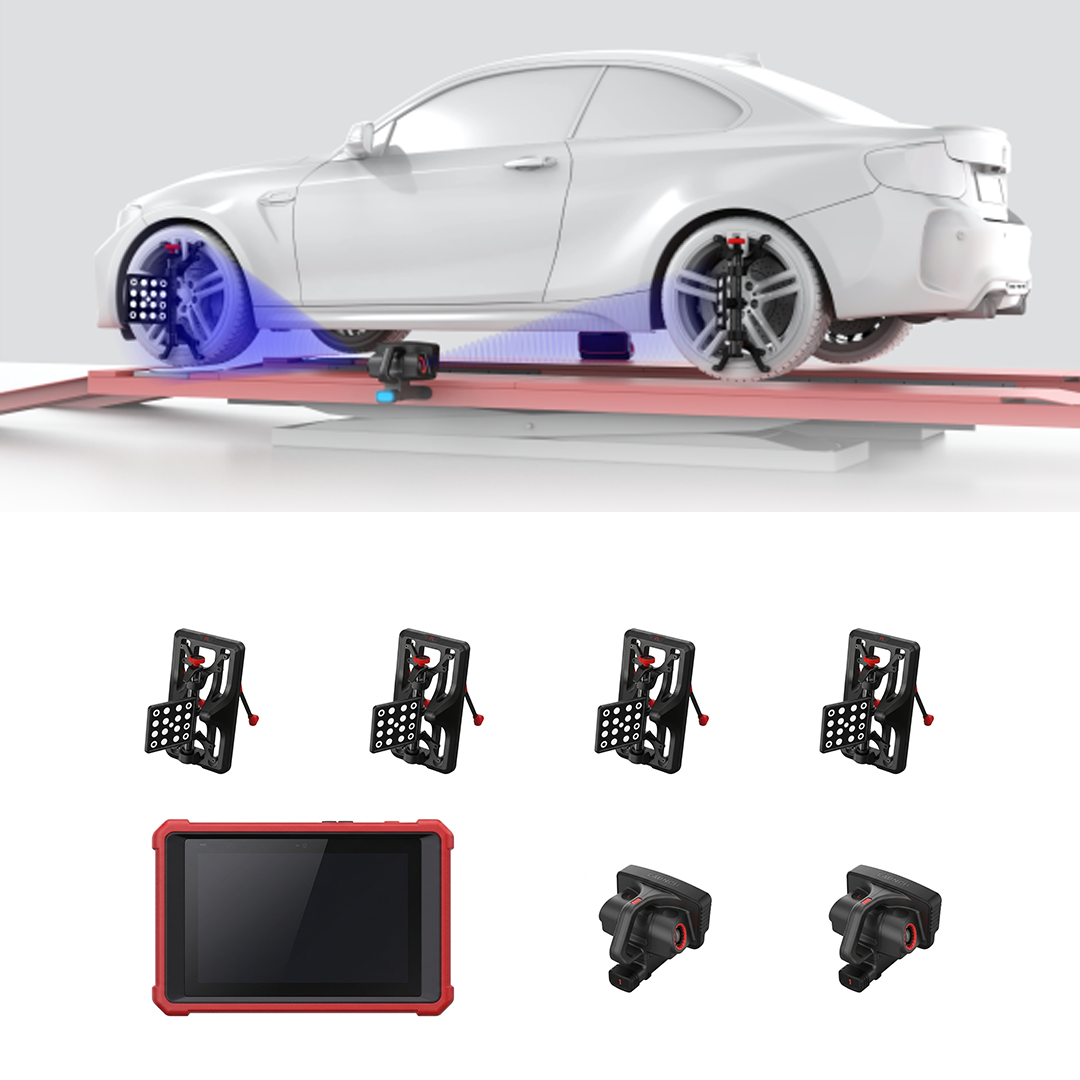 LAUNCH X-613 alineadora 3D inalámbrica realizando alineación de 4 ruedas con targets en rines y unidades de medición, diseñada para medición rápida sin cableado fijo