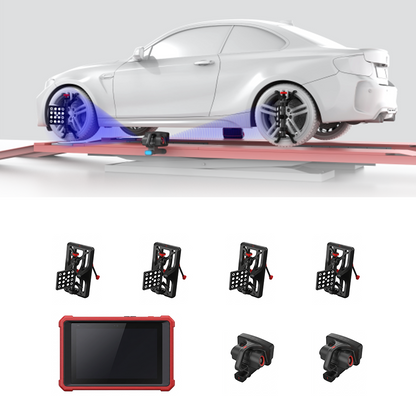 LAUNCH X-613 alineadora 3D inalámbrica realizando alineación de 4 ruedas con targets en rines y unidades de medición, diseñada para medición rápida sin cableado fijo