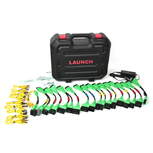 Adaptadores del Launch X431 EV ADD-ON KIT para diagnóstico de vehículos eléctricos e híbridos. Permiten pruebas de baterías de alto voltaje y módulos eléctricos en múltiples fabricantes.