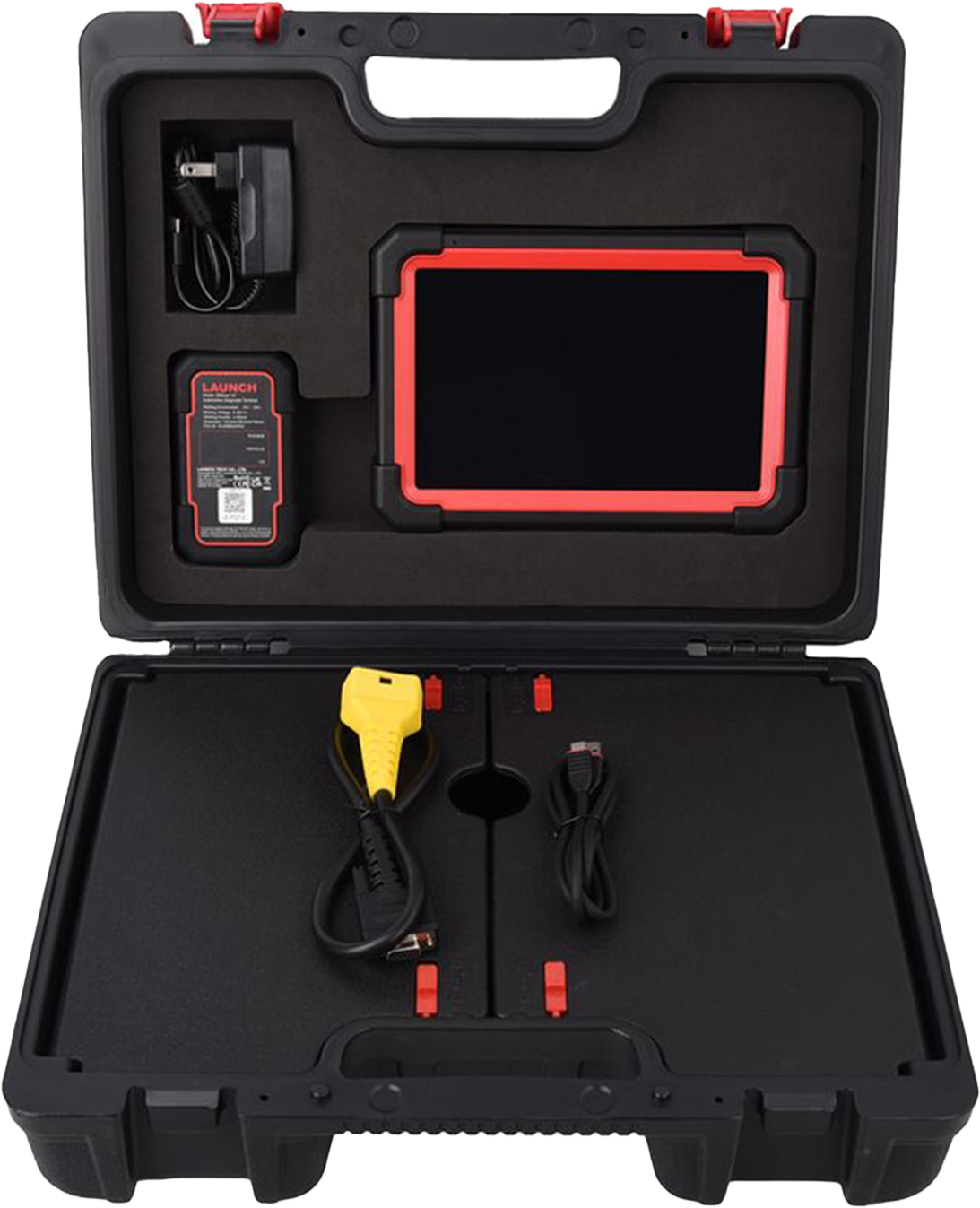 Kit completo del escáner automotriz Launch X431 IMMO PRO en maletín de transporte, incluye tablet Android, módulo OBD2, cable programador de llaves y accesorios para diagnóstico profesional.