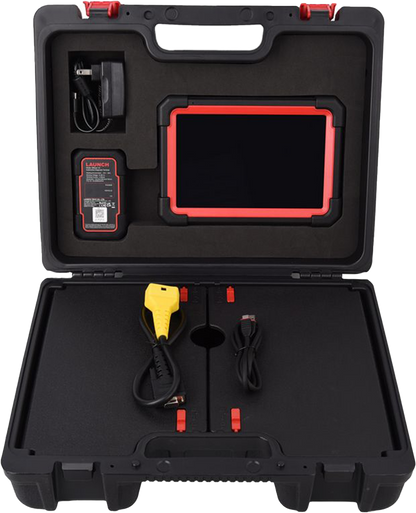 Kit completo del escáner automotriz Launch X431 IMMO PRO en maletín de transporte, incluye tablet Android, módulo OBD2, cable programador de llaves y accesorios para diagnóstico profesional.