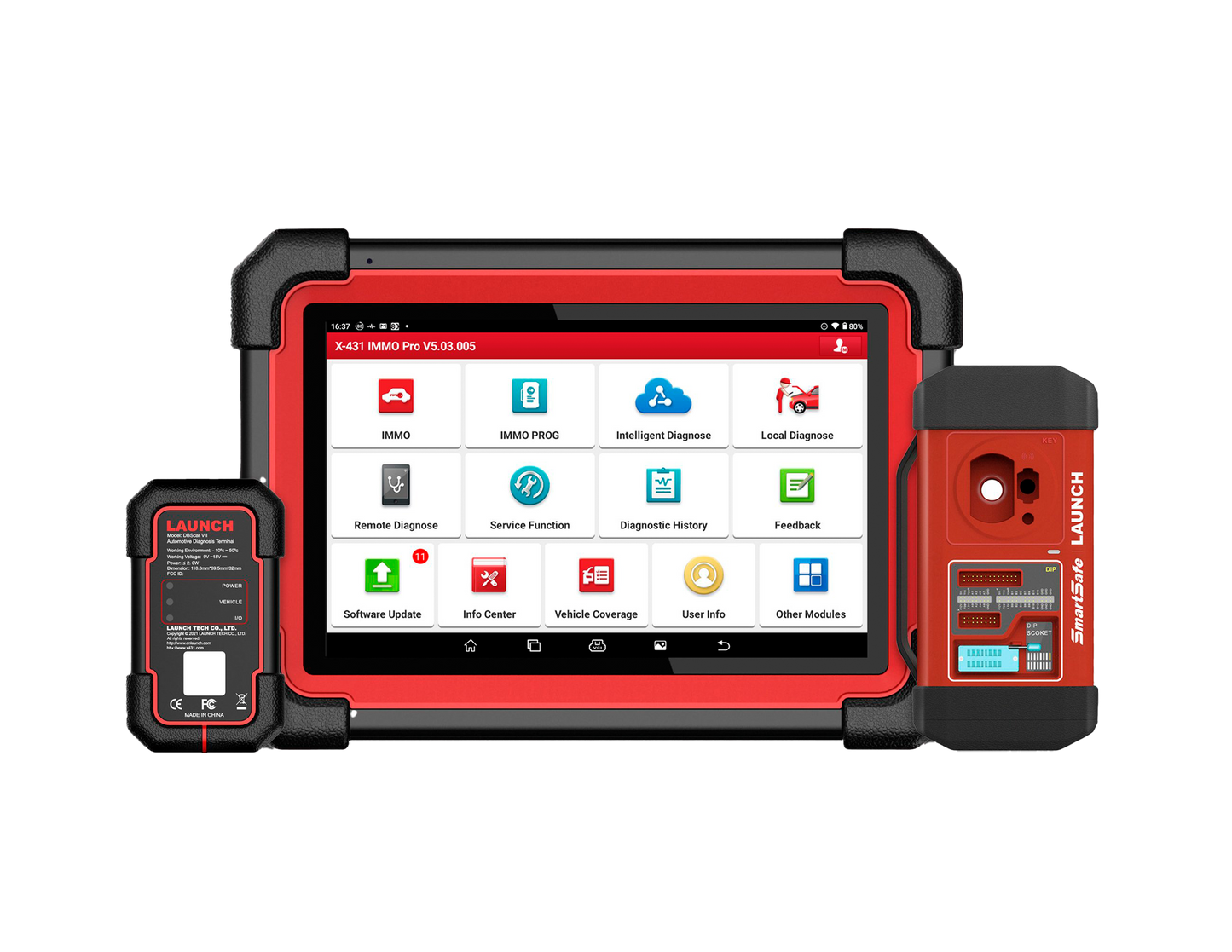 Escáner automotriz profesional Launch X431 IMMO PRO mostrando menú principal en tablet Android con módulos OBD2 incluidos, ideal para diagnóstico y programación de llaves.