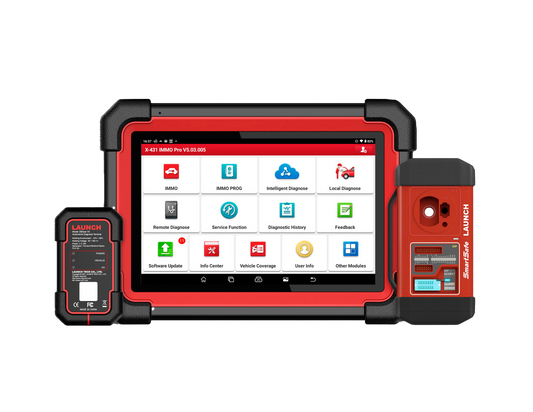 Escáner automotriz profesional Launch X431 IMMO PRO mostrando menú principal en tablet Android con módulos OBD2 incluidos, ideal para diagnóstico y programación de llaves.