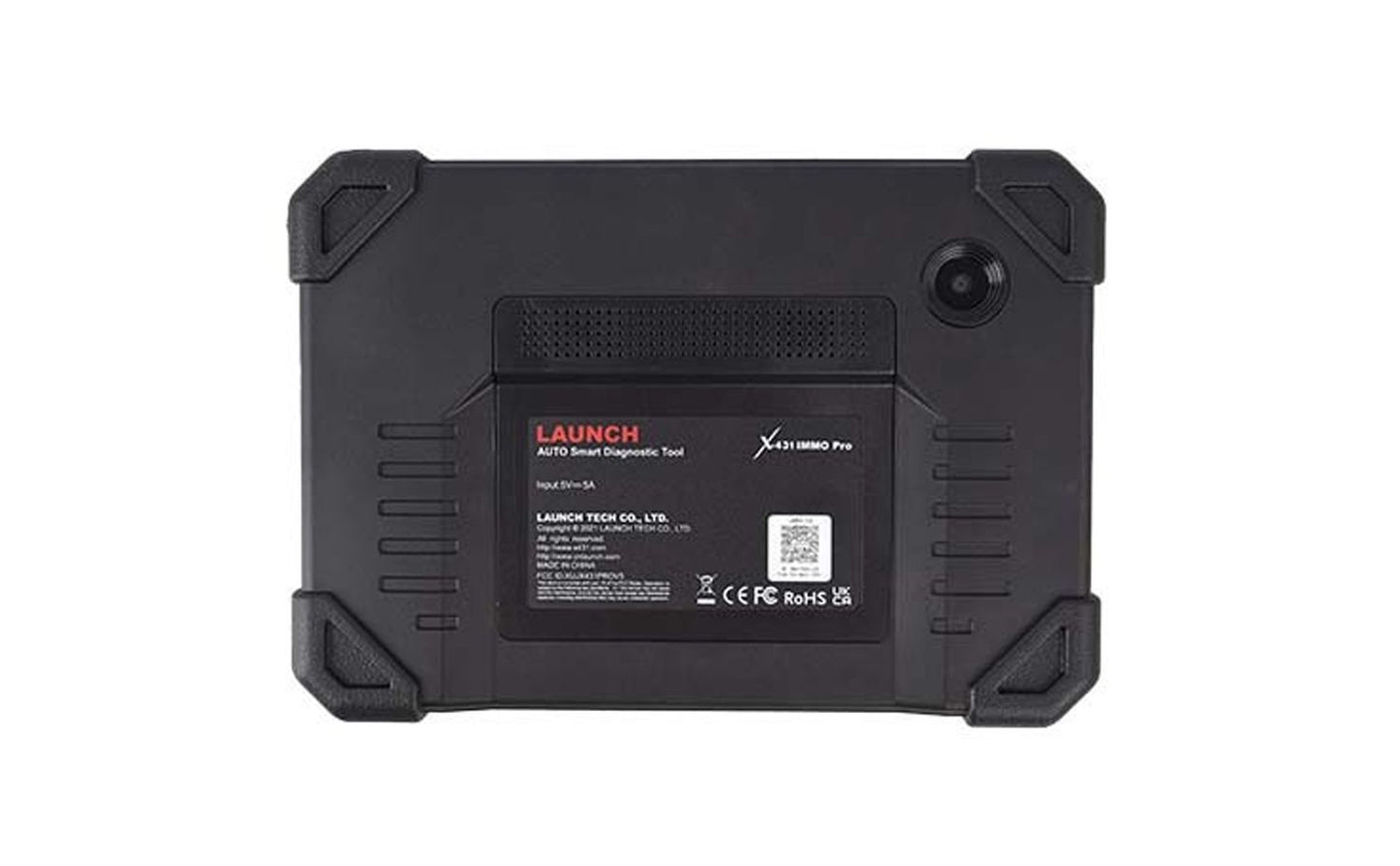 Vista trasera del programador de llaves y escáner automotriz Launch X431 IMMO PRO, diseño robusto en color negro con cámara integrada y cubierta resistente para talleres mecánicos.