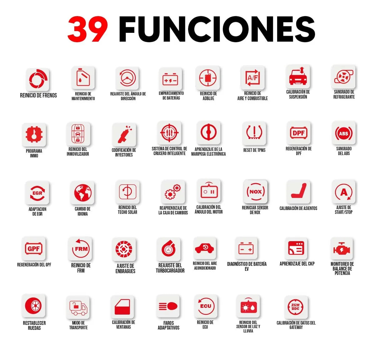 Funciones especiales del Launch X431 IMMO PRO, más de 39 servicios como reseteo de aceite, regeneración DPF, calibración de frenos ABS, codificación de inyectores y programación de ECU.