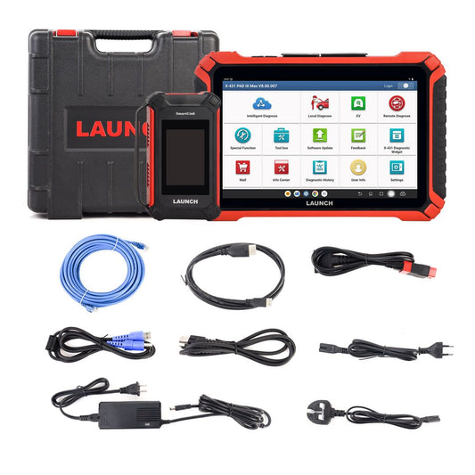 Kit completo del escáner automotriz Launch X431 PAD IX, incluye tablet Android, módulo SmartLink C, maletín de transporte y cables de conexión para diagnóstico avanzado multimarca.