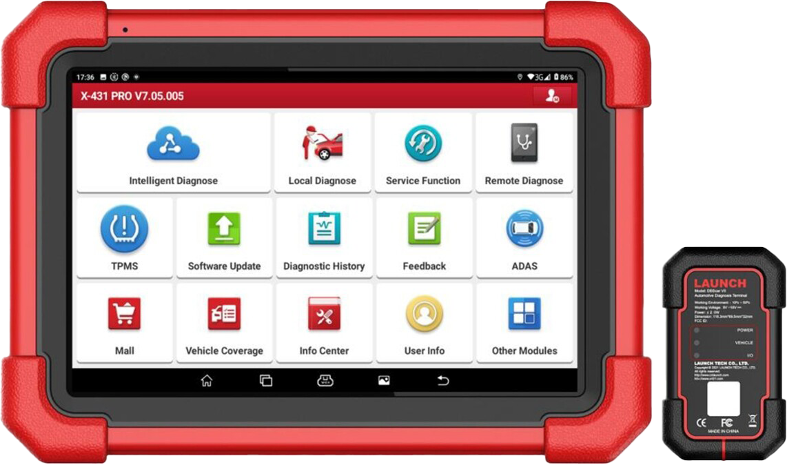 Escáner automotriz Launch X431 PRO V5 con diagnóstico multimarca, tablet de 8 pulgadas mostrando menú principal y módulo DBScar VII compatible con protocolos CAN FD y DoIP.