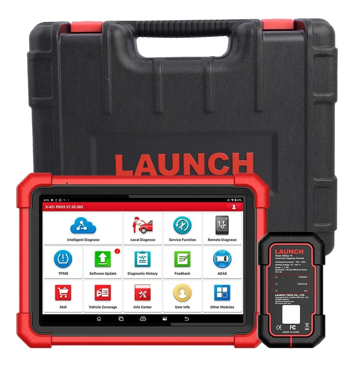 Escáner automotriz Launch X431 PRO V5 con tablet de 8 pulgadas y módulo DBScar VII frente al maletín de transporte Launch, ideal para talleres con cobertura multimarca y diagnóstico de vehículos modernos.