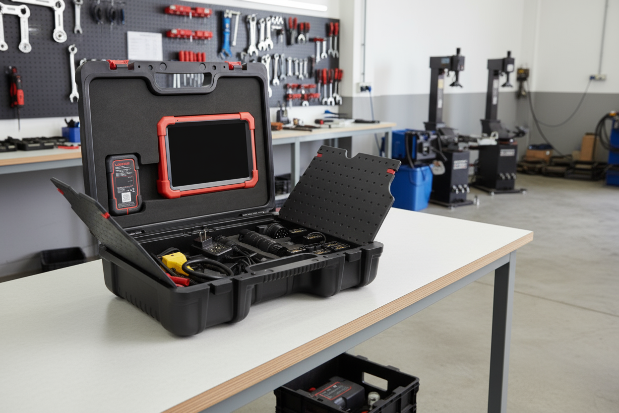 Maletín del Launch X431 PRO V5 con escáner, conectores y accesorios para diagnóstico automotriz completo.