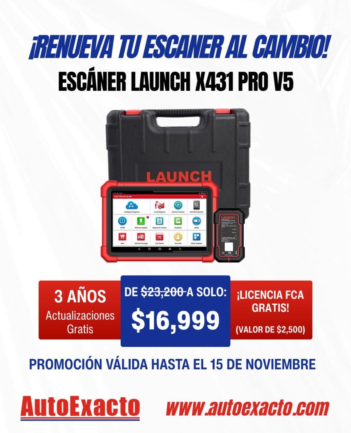 Promoción AutoExacto del Launch X431 PRO V5 con 3 años de actualizaciones gratis y licencia FCA incluida.