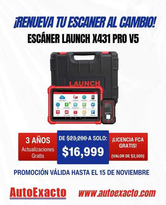 Promoción AutoExacto del Launch X431 PRO V5 con 3 años de actualizaciones gratis y licencia FCA incluida.