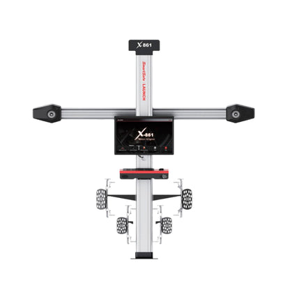 Alineadora 3D LAUNCH X-861 L con sistema fijo, estructura robusta y dianas pasivas sin mantenimiento, incluye pantalla de 19 pulgadas y software de medición de alta precisión para talleres profesionales.