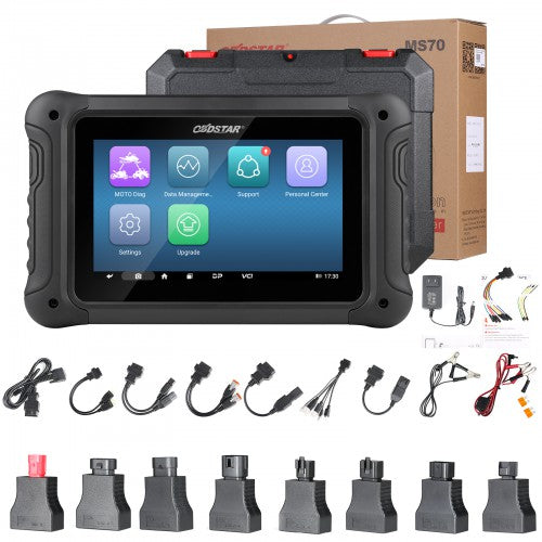OBDSTAR MS70 escáner profesional para diagnóstico de motos con estuche, cables OBD y adaptadores multimarca incluidos. Compatible con más de 40 fabricantes y funciones avanzadas de servicio.