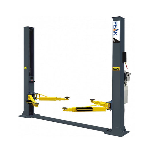 Rampa elevadora Peak 209 de 2 postes con diseño base plate para techos bajos, capacidad de 4,000 kg (9,000 lb). Elevador automotriz compacto y seguro para autos, SUVs y camionetas, ideal para talleres mecánicos.