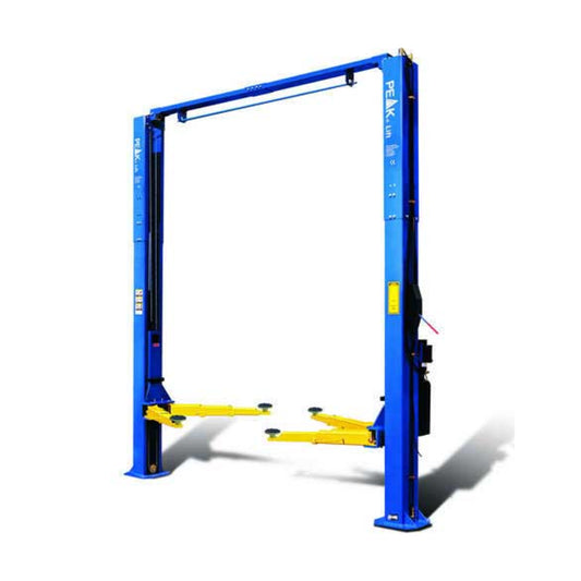 Rampa elevadora Peak 209 SAC de 2 postes clear floor, capacidad de 4,000 kg (9,000 lb). Elevador automotriz profesional con brazos súper asimétricos y diseño de piso libre, ideal para autos, SUVs y camionetas en talleres mecánicos.