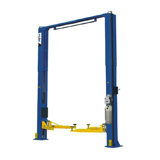 Elevador automotriz Peak 212C de 2 columnas, capacidad de 5,500 kg (12,000 lb), diseño clear-floor con doble cilindro hidráulico de accionamiento directo, ideal para talleres mecánicos profesionales.