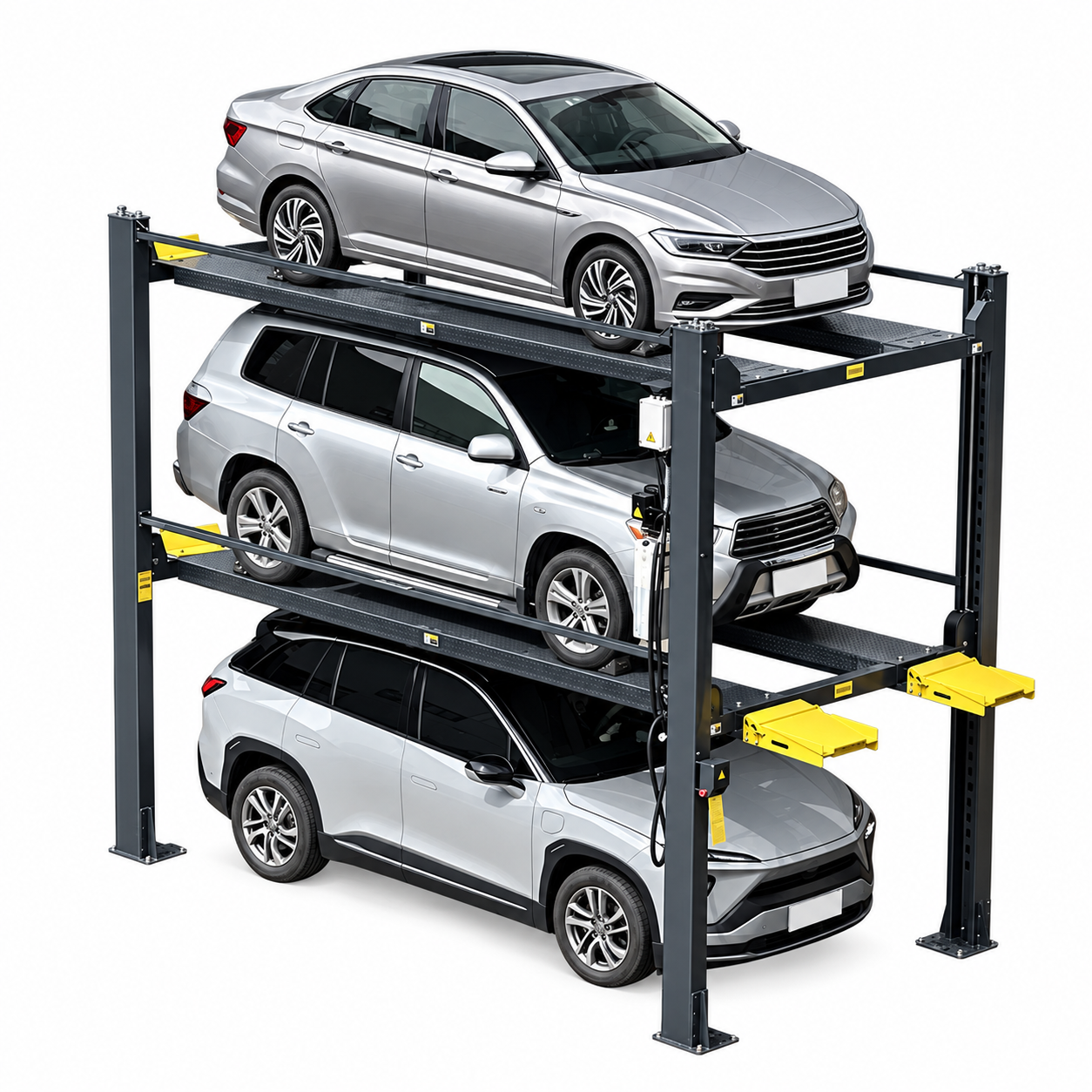PEAK 4097X elevador de 4 postes para estacionamiento triple con capacidad para 3 vehículos, 4000 kg en plataforma inferior y 3200 kg en plataforma superior