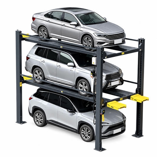PEAK 4097X elevador de 4 postes para estacionamiento triple con capacidad para 3 vehículos, 4000 kg en plataforma inferior y 3200 kg en plataforma superior