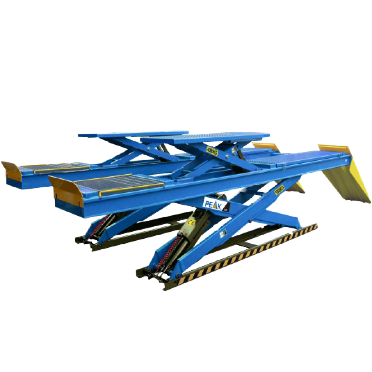 Elevador de tijera PEAK DX-5500A para alineación, capacidad de 5,500 kg (12,000 lb), plataformas extensibles con Rolling Jack y platos de alineación. Rampa vehicular ideal para frenos, llantas y suspensión en talleres automotrices.