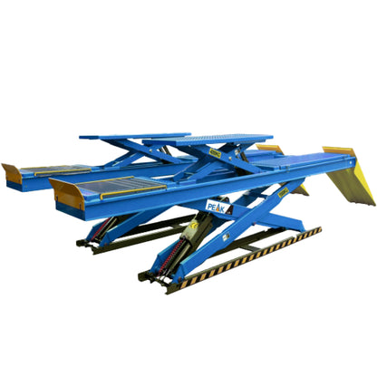 Elevador de tijera PEAK DX-5500A para alineación, capacidad de 5,500 kg (12,000 lb), plataformas extensibles con Rolling Jack y platos de alineación. Rampa vehicular ideal para frenos, llantas y suspensión en talleres automotrices.