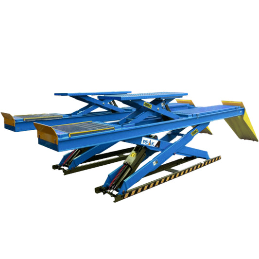 Elevador de tijera PEAK DX-5500A para alineación, capacidad de 5,500 kg (12,000 lb), plataformas extensibles con Rolling Jack y platos de alineación. Rampa vehicular ideal para frenos, llantas y suspensión en talleres automotrices.