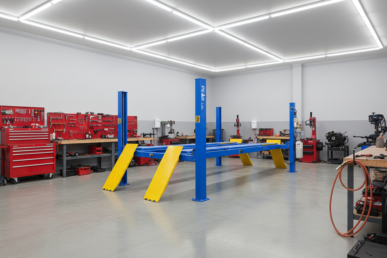 Elevador de alineación PEAK KAL-412AX instalado en taller automotriz, plataformas ajustables y amplio espacio de trabajo