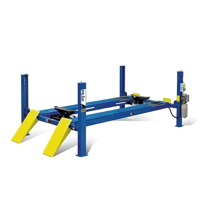 Elevador de 4 postes PEAK KAL-414A azul, capacidad 14,000 lb, plataformas diamantadas y sistema electro-neumático con doble seguro.