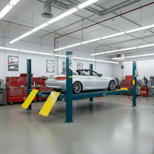 Elevador de 4 postes PEAK KAL-414A instalado en taller automotriz, con vehículo sobre la plataforma para alineación y servicio general.