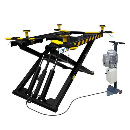 Rampa frenera PEAK MR06 de media altura tipo tijera, portátil y con capacidad de 2,800 kg. Elevador automotriz compacto para frenos, llantas y suspensión, ideal para talleres con techos bajos o espacios reducidos.