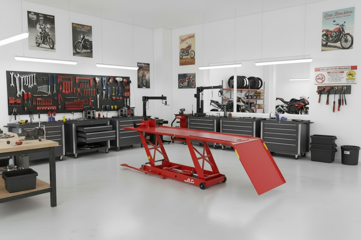Rampa hidráulica MT-04104-L para motocicletas de hasta 500 kg instalada en taller para mantenimiento profesional