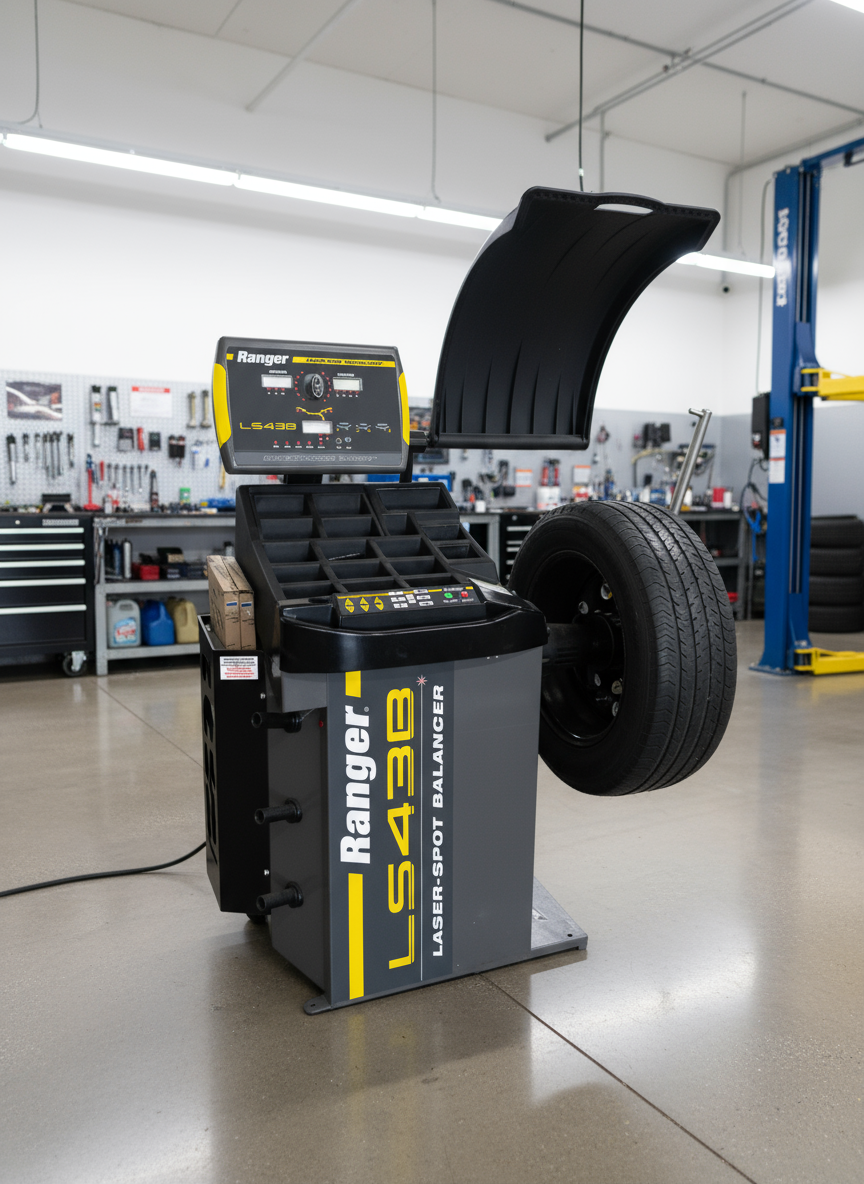 BendPak Ranger LS43B balanceadora profesional con guía láser, medición automática 3D y freno electrónico para precisión ±1 g en llantas de autos y camionetas.
