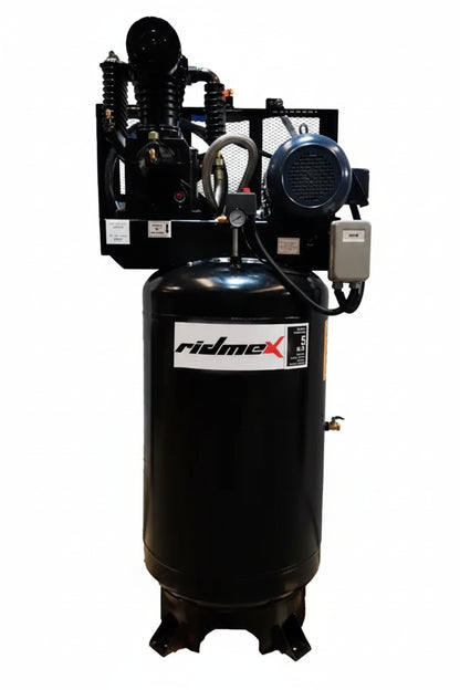 Compresor de aire RIDMEX V300205B vertical 300 litros 5 HP, pistón lubricado 220V bifásico con cabezal de 2 etapas para suministro de aire en taller