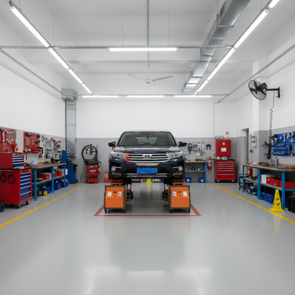Simulador de chasis Risenmega en operación dentro de taller automotriz. Reproduce carretera real para diagnóstico de suspensión, bujes y amortiguadores.