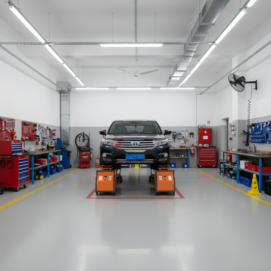 Simulador de chasis Risenmega en operación dentro de taller automotriz. Reproduce carretera real para diagnóstico de suspensión, bujes y amortiguadores.