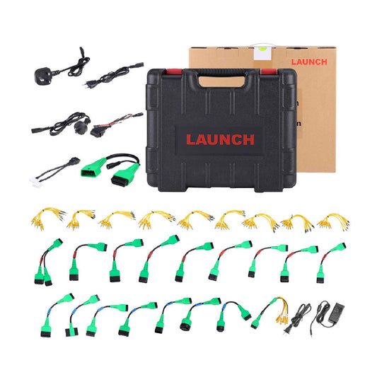 Kit completo Launch EV ADD-ON KIT para escáner automotriz X431, con módulo de diagnóstico, adaptadores, cables y maletín de transporte robusto para talleres especializados en EV e híbridos.