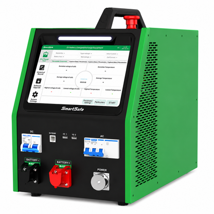 SmartSafe iSmartEV EP401 cargador y descargador de baterías EV con panel frontal, pantalla táctil, conexiones Battery+ Battery- y rango DC 2 a 420V