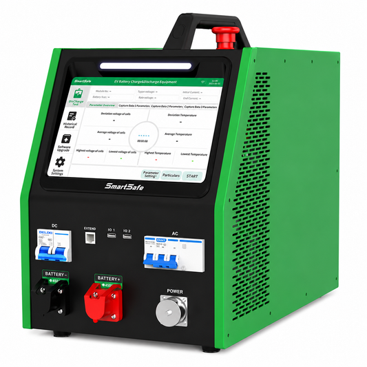 SmartSafe iSmartEV EP401 cargador y descargador de baterías EV con panel frontal, pantalla táctil, conexiones Battery+ Battery- y rango DC 2 a 420V