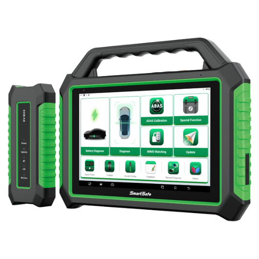 Tablet SmartSafe P01 para diagnóstico de batería EV con lectura SOC y SOH, análisis por celda y funciones de escáner automotriz eléctrico
